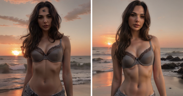 “Awe-Inspiring Sunset Glow: Beachside Stroll with Goddess Gal Gadot”